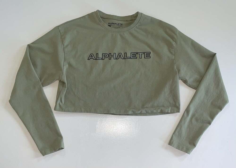 ALPHALETE Women's Lifestyle Fit Long Sleeve Crop in Green Gray Size MEDIUM